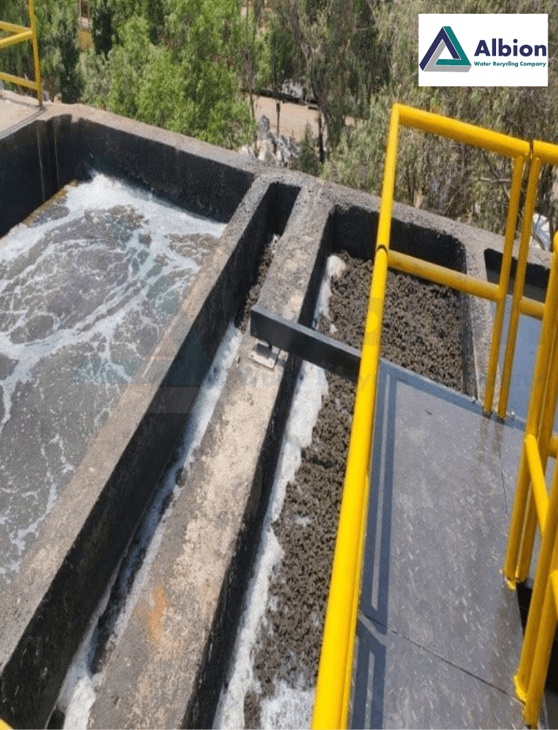 Civil-based aeration tank and moving bio-media inside an advanced Albion sewage treatment plant.