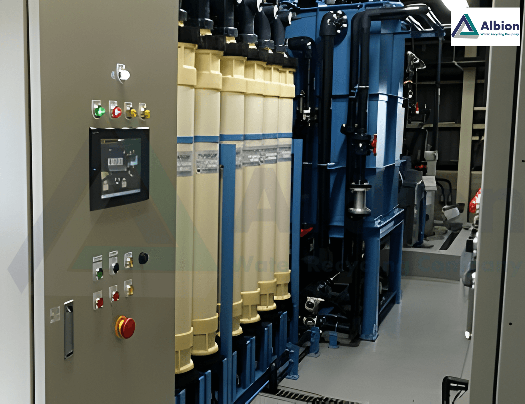 Fully assembled Albion UF packaged unit featuring automated membrane backwash capabilities.